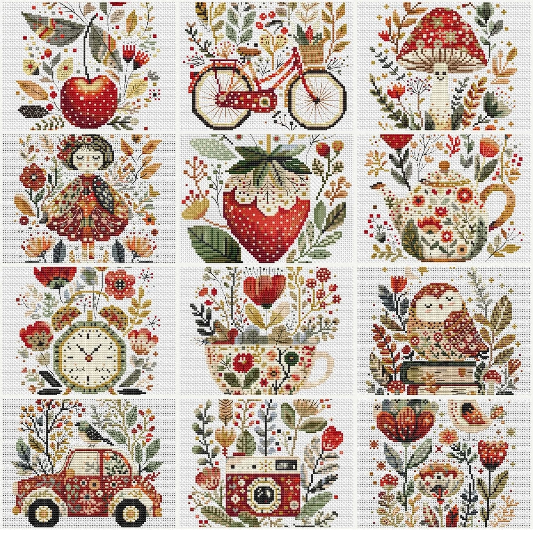 Set of 12 Folk Art Cross Stitch Patterns, flowers cross stitch pattern, modern cross stitch, PDF, instant download, FLR86-FLR87-FLR90