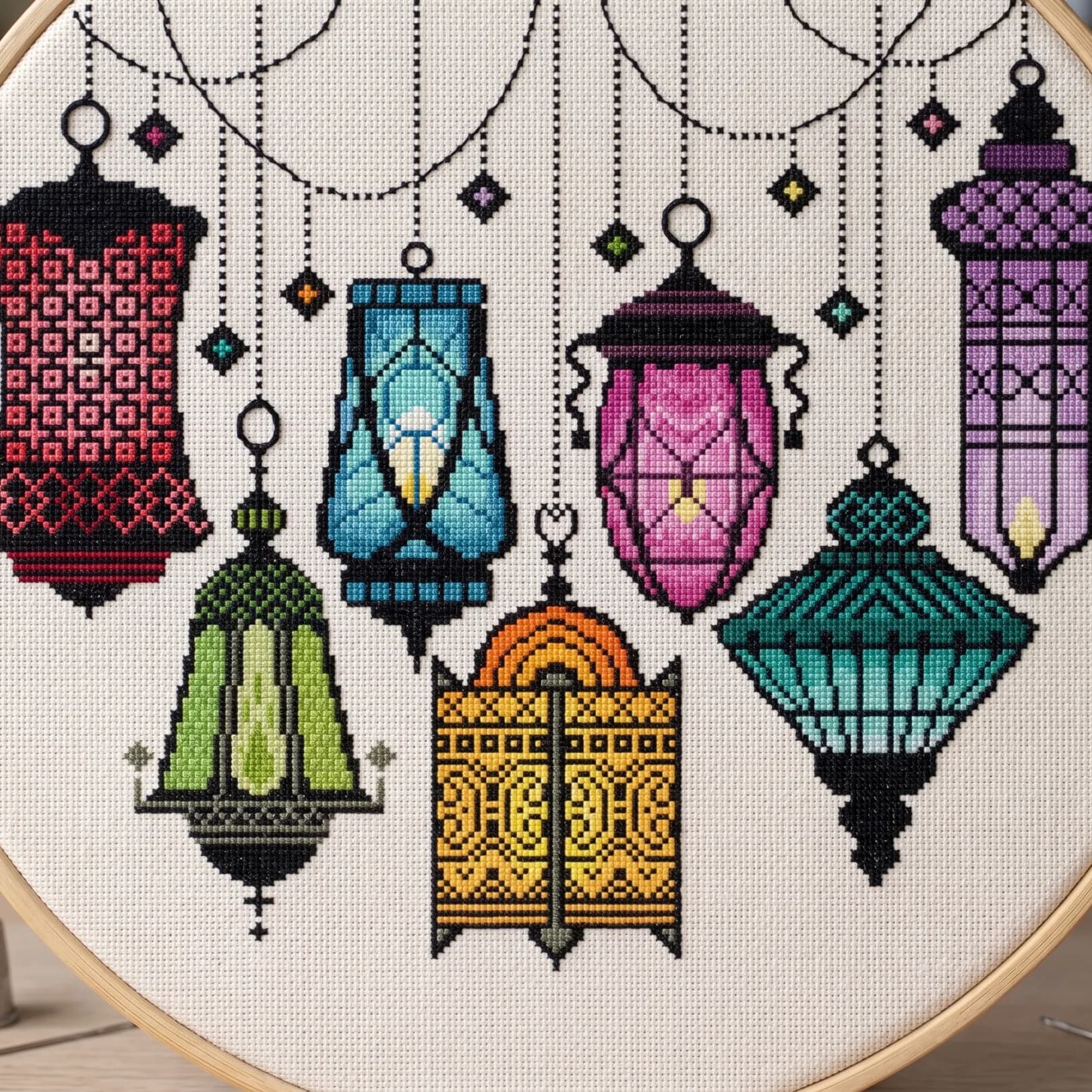 Cross Stitch Marocan Lanterns, Festival of lights, Ramadan, Candle lamps cross stitch pattern, Rainbow colors, PDF, instant download, Geo111