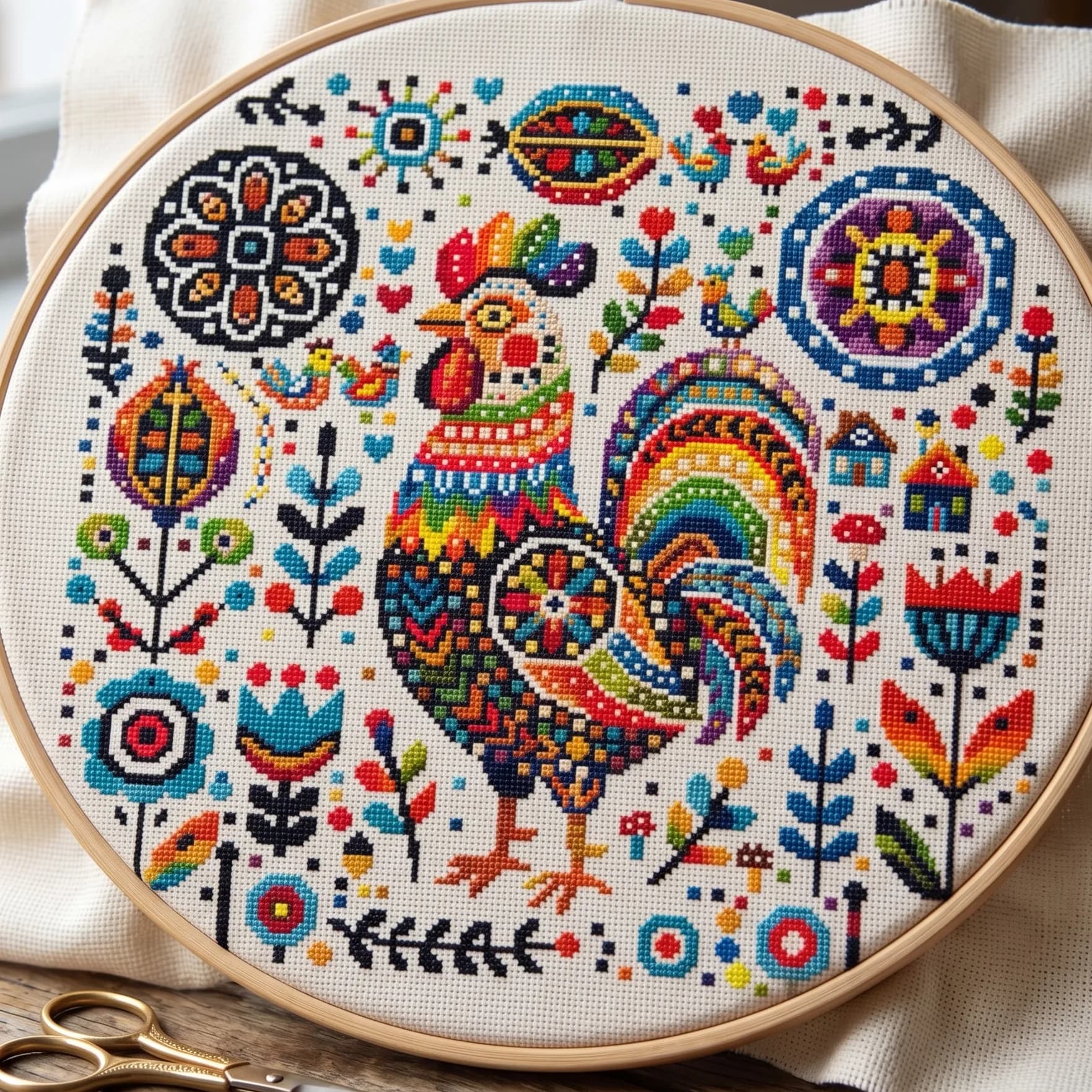 Colorful Folk Rooster Cross Stitch Pattern, modern cross stitch, PDF, instant download, COQ26