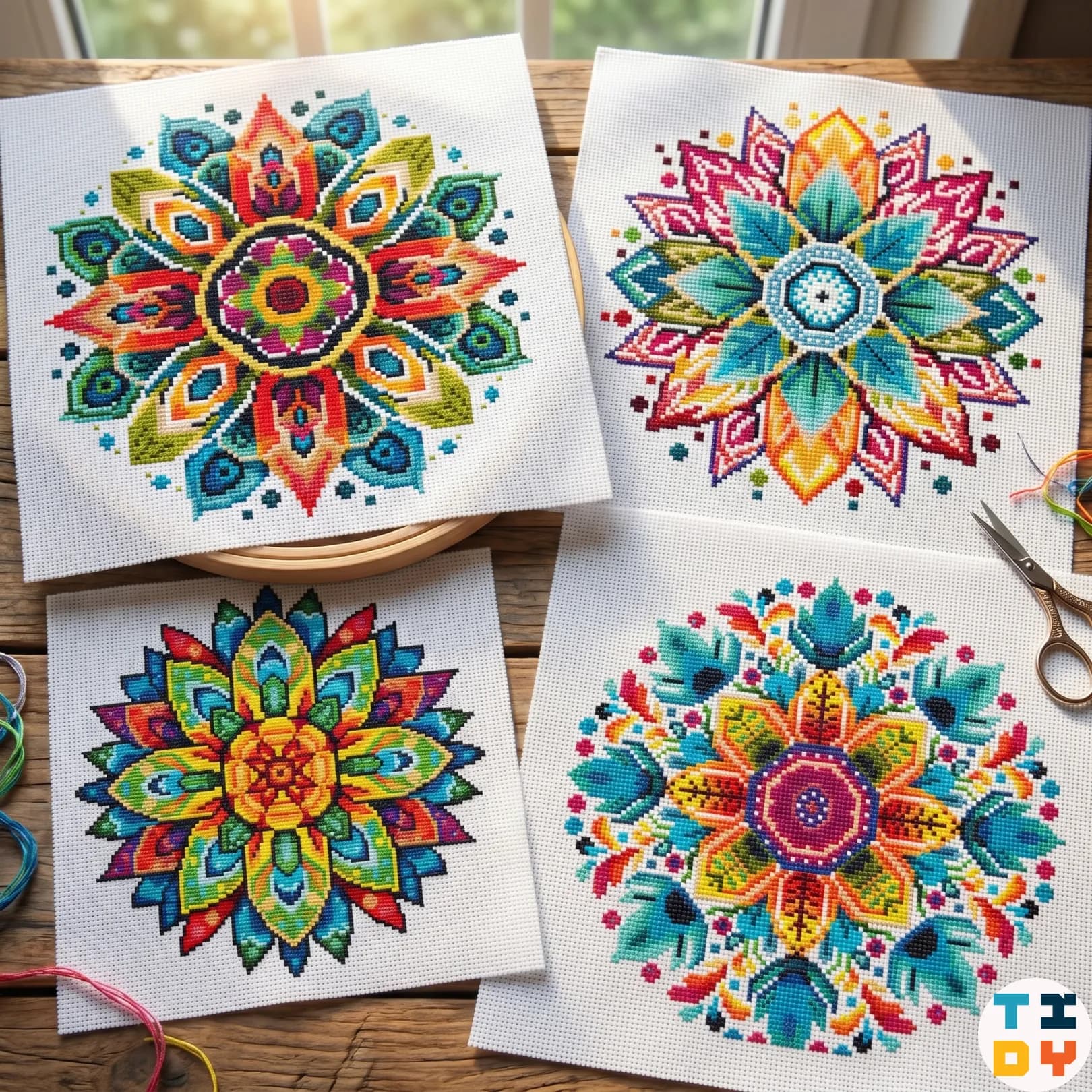 Set of 4 Flower Mandala, cross stitch pattern, Rainbow, modern cross stitch, PDF, instant download, MDL135