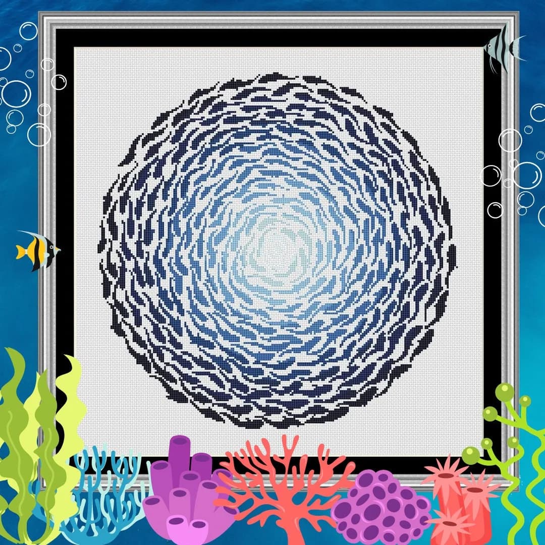 Mandala cross stitch pattern, Sea, Fish, Geometric design, blue, modern cross stitch, PDF, instant download, MDL108